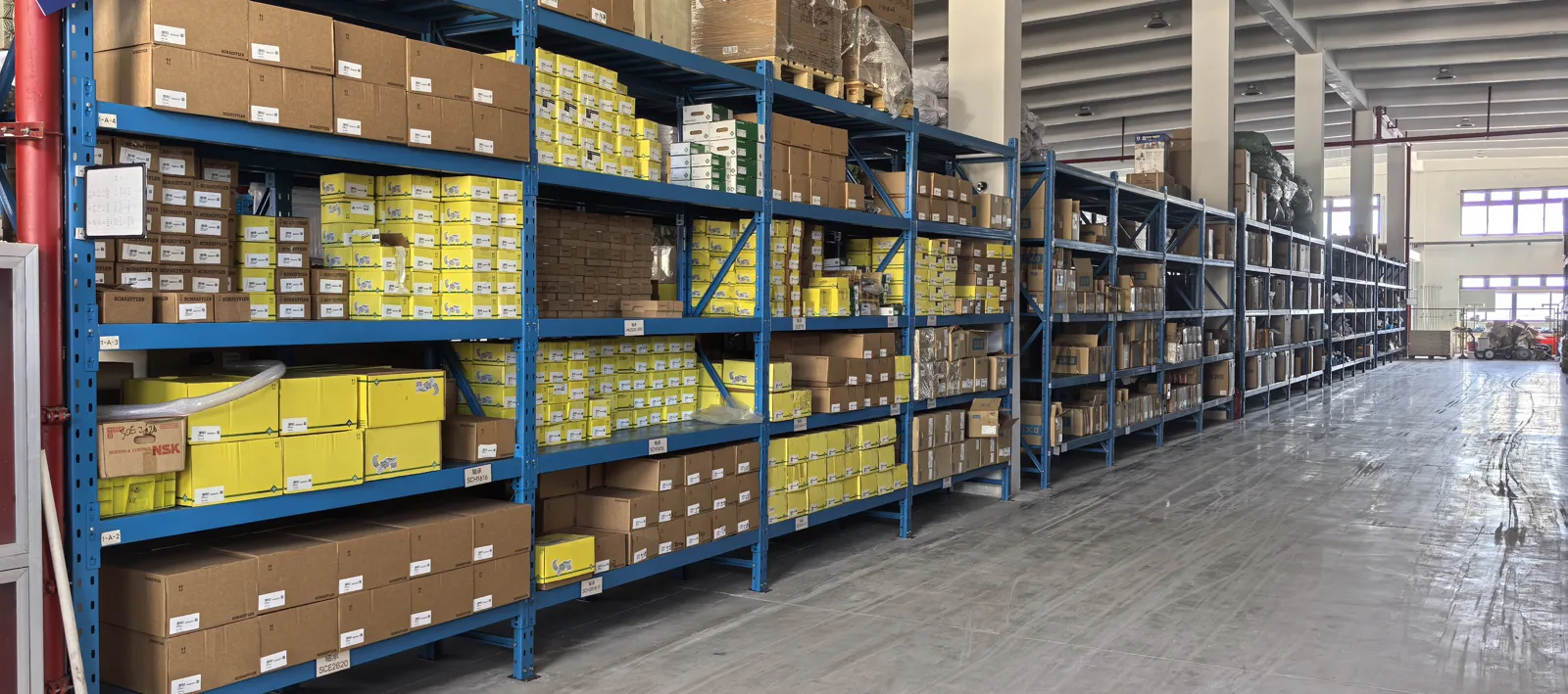 Shelves of spray equipment parts and materials in the Taizhou warehouse